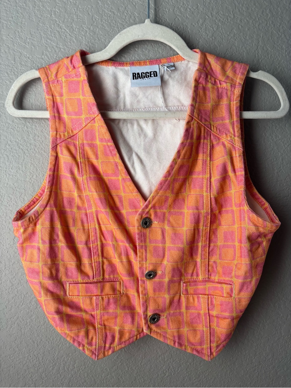 The Ragged Priest Pink & Orange Geometric Button Vest